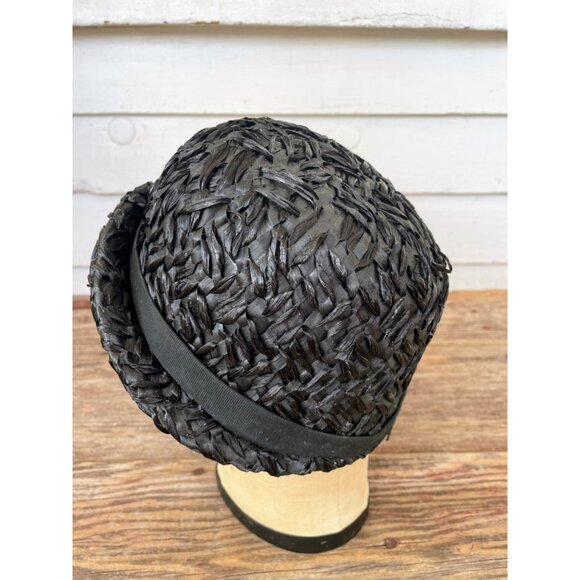 Vintage 1960s Black Raffia Straw Raffia Cloche' Womens Hat MOD - Picture 10 of 13